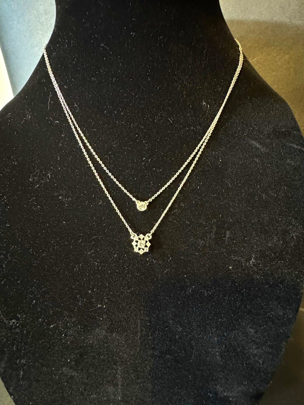 Authentic GIVENCHY Double Layer Necklace Silver Tone Crystal Pendant 16"-19"